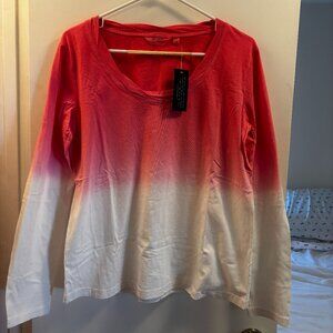 NWT Candace Cameron Bure Long Sleeved Deep Coral and White Tee Size Small